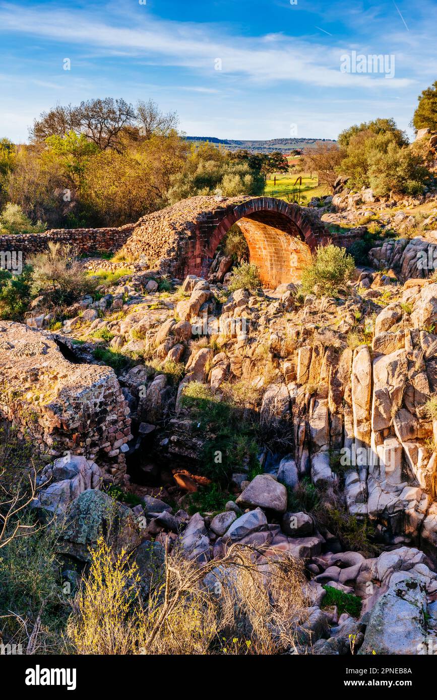 Ponte romano di Vadollano. Il Monumento naturale di El Piélago ospita una splendida sezione del fiume Guarrizas con uno straordinario valore naturale e storico. Foto Stock