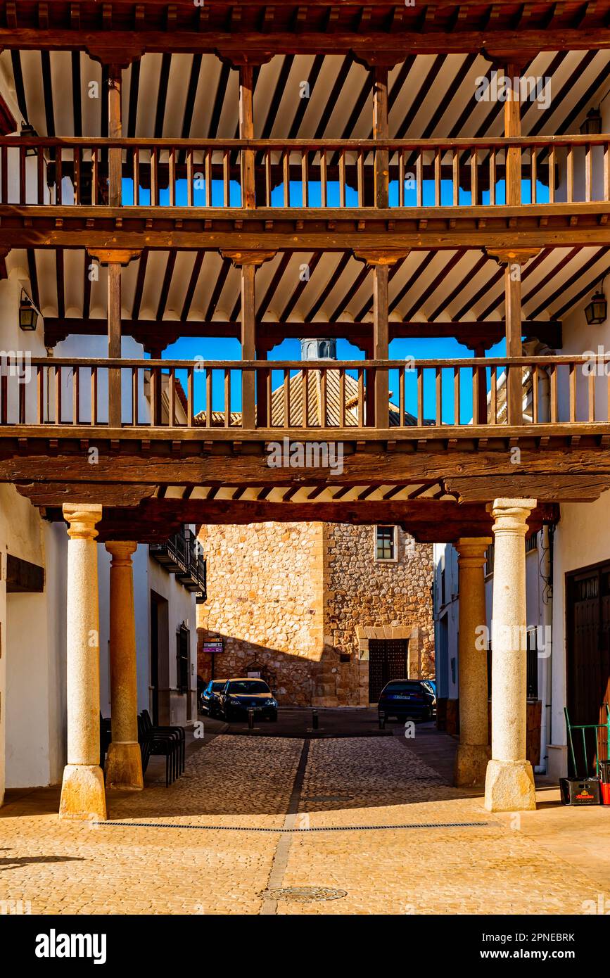 Dettagli architettonici. Plaza Mayor - Piazza principale. Tembleque, Toledo, Castilla-la Mancha, Spagna, Europa Foto Stock