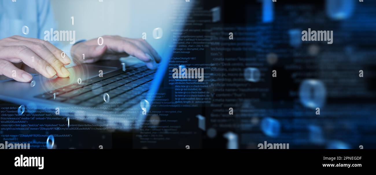 Sviluppo software e metodologia agile con tecnologia digitale. Programmer Coding e Software Engineer che lavora su laptop con codice JavaScript attivo Foto Stock