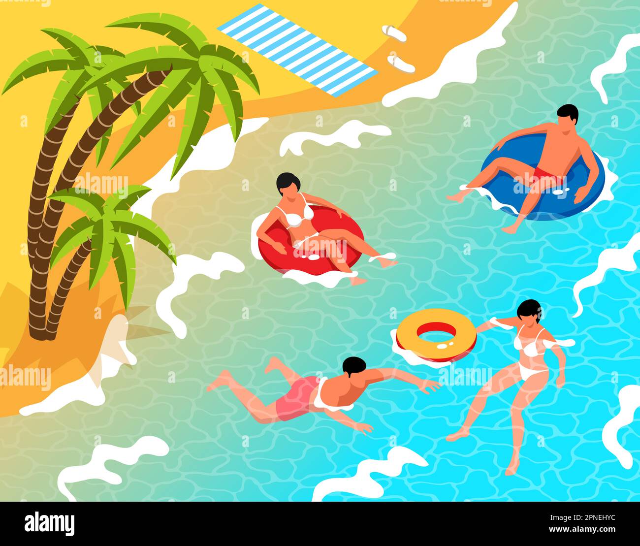 Paesaggio tropicale della spiaggia con persone che galleggiano in anelli gonfiabili e nuotano in mare 3D figura vettoriale isometrica Illustrazione Vettoriale