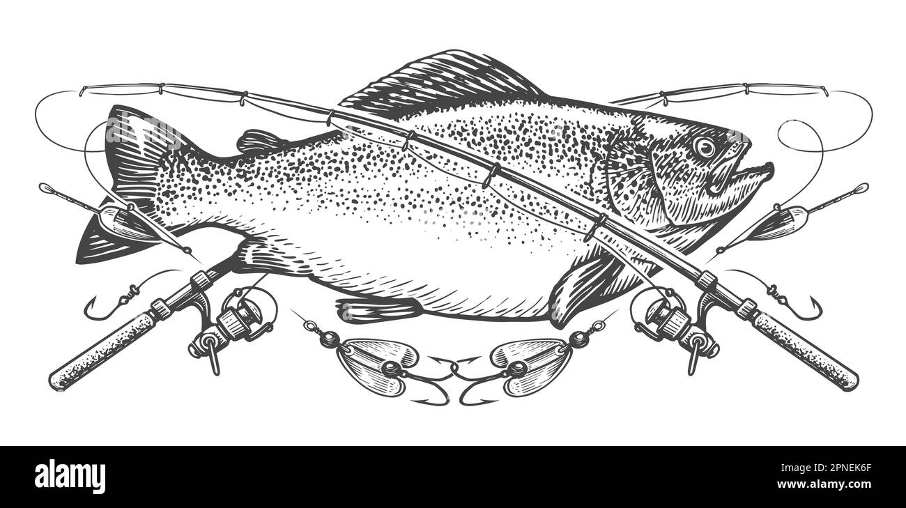 Emblema pesca, pesca e canne. Sport ricreazione, illustrazione di schizzo in stile di incisione vintage Foto Stock