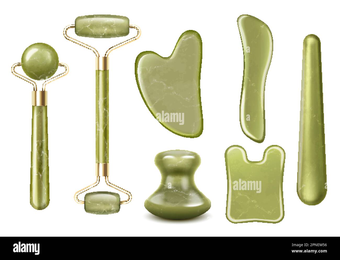 Strumenti di massaggio Gua sha Set realistico di rulli di giada e pietre di diversa forma isolato vettore illustrazione Illustrazione Vettoriale