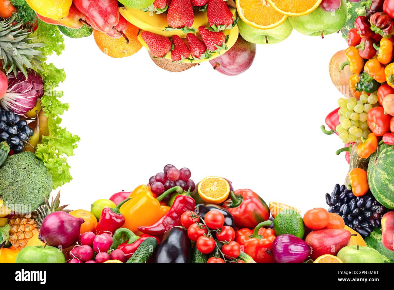 Collage verdure fresche e sane e frutta in forma cornice isolato su bianco. Spazio libero per il testo. Foto Stock