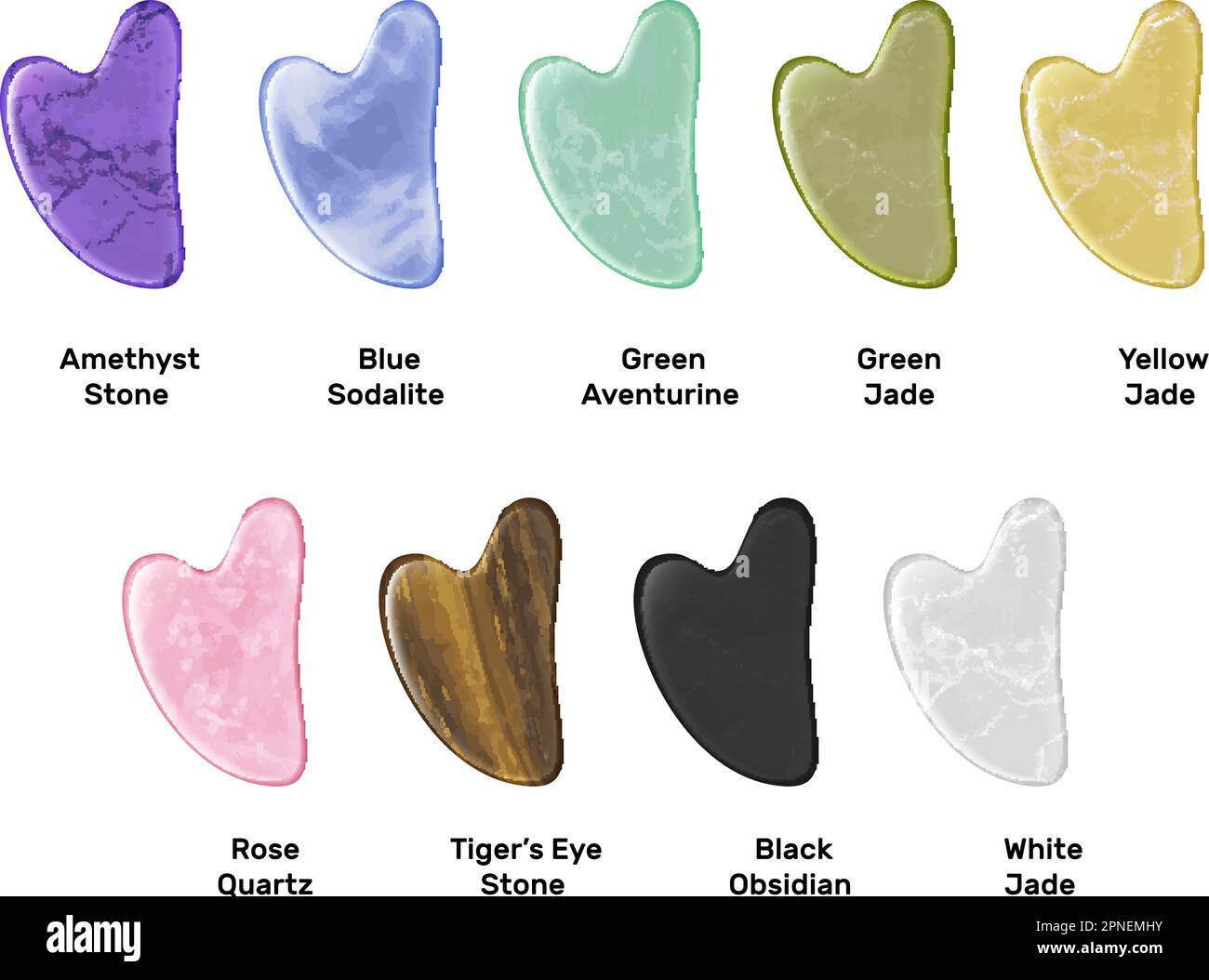 Gua sha massaggiatori realizzati in jade di quarzo rosa ossidiana blu sodalite verde aventurina ametista tigri occhio pietra realistica composizione vettore isolato Illustrazione Vettoriale