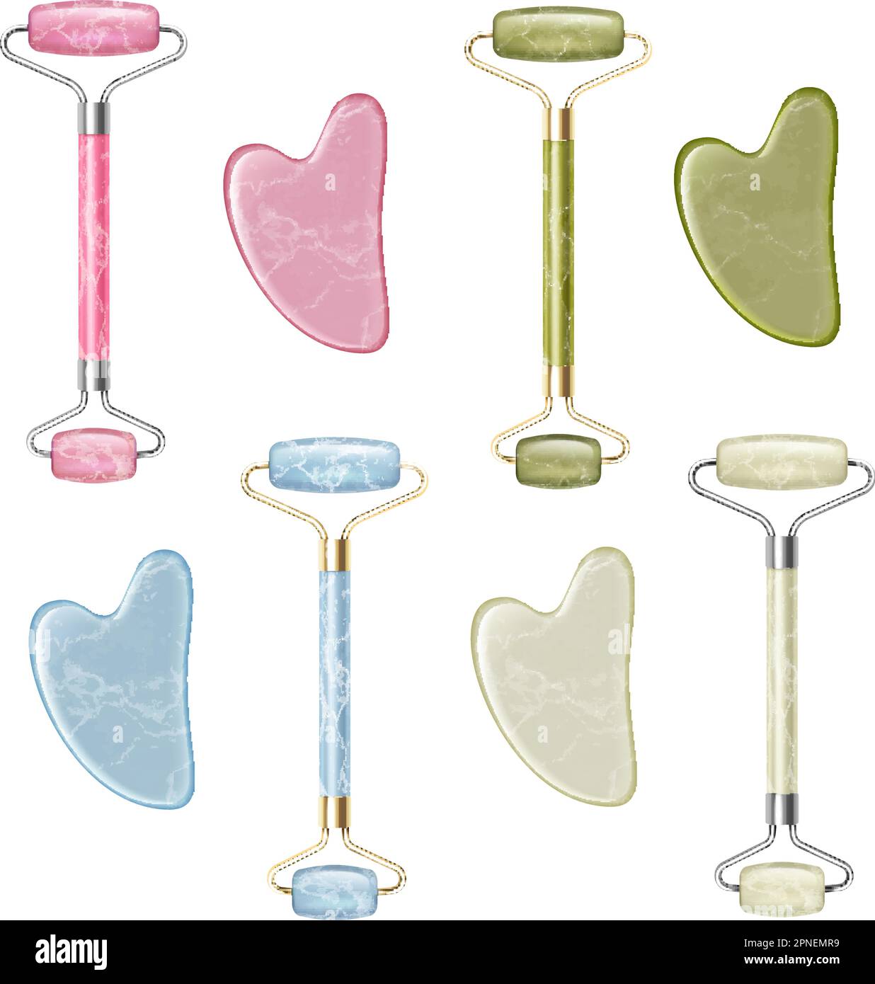 Set realistico di strumenti per il massaggio gua sha con rulli di colore diverso e raschiatori isolato illustrazione vettoriale Illustrazione Vettoriale