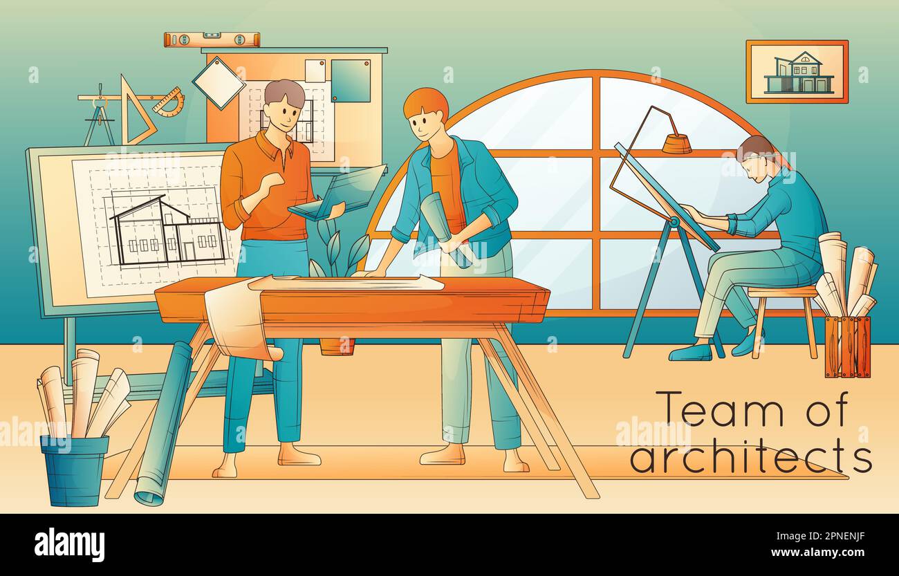 Architetti che lavorano a progetti architettonici in ufficio flat vettoriale illustrazione Illustrazione Vettoriale
