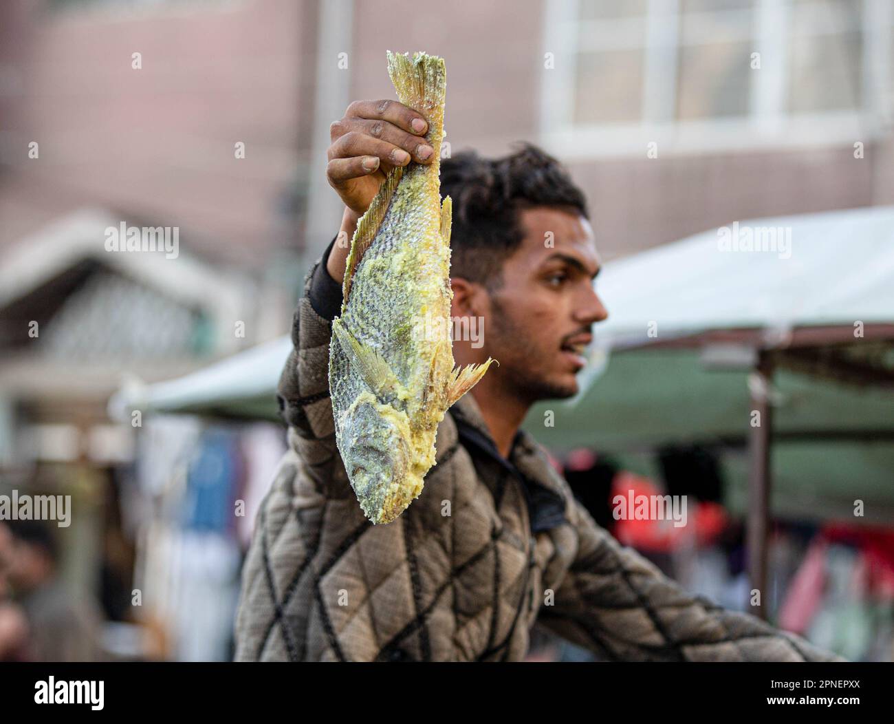 Gaza, Palestina. 18th Apr, 2023. Un venditore di strada palestinese detiene pesce salato chiamato ''al Fesikh'' in un mercato locale a Khan Yunis, nella striscia di Gaza meridionale, davanti a Eid al-Fitr, che segna la fine del mese santo del Ramadan. (Credit Image: © Yousef Masoud/SOPA Images via ZUMA Press Wire) SOLO PER USO EDITORIALE! Non per USO commerciale! Foto Stock