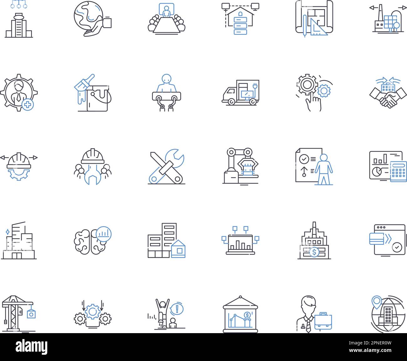 Collezione di icone della linea aziendale di produzione. Produzione, assemblaggio, fabbricazione, impianto, industrializzazione, Ingegneria, Logistica vettoriale e lineare Illustrazione Vettoriale