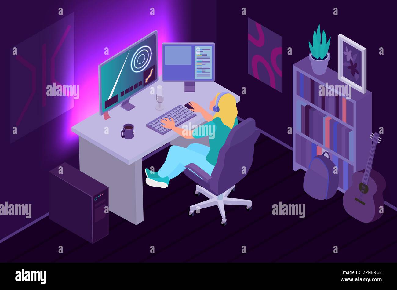 Composizione isometrica dei giocatori con vista interna del salotto con illuminazione al neon e immagine vettoriale del giocatore al computer Illustrazione Vettoriale