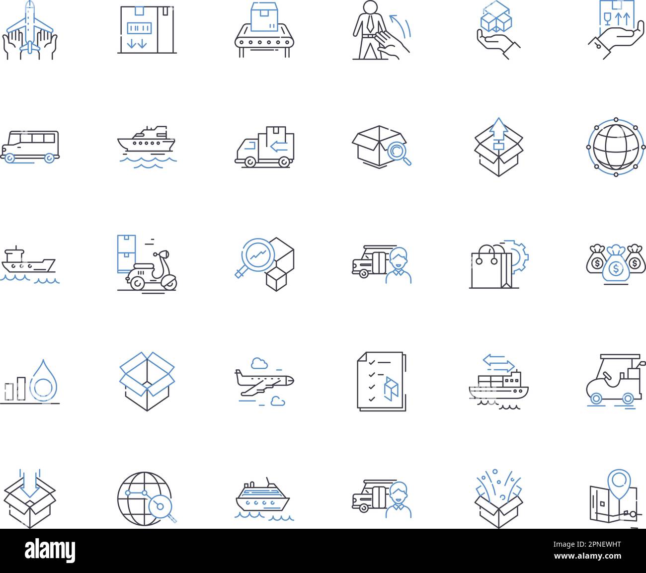 Raccolta di icone della linea del sistema di distribuzione. Logistica, catena di fornitura, inventario, trasporti, destinatari, Storage, vettore di consegna e lineare Illustrazione Vettoriale