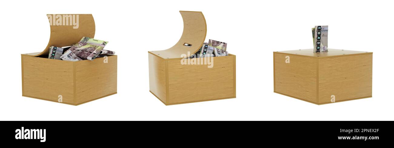 Botswanan Pula note all'interno di una cassetta di risparmio in legno aperta. set di concetto di risparmio. Piggy Bank Generico, Penny Bank, Money Box. rendering 3d Foto Stock