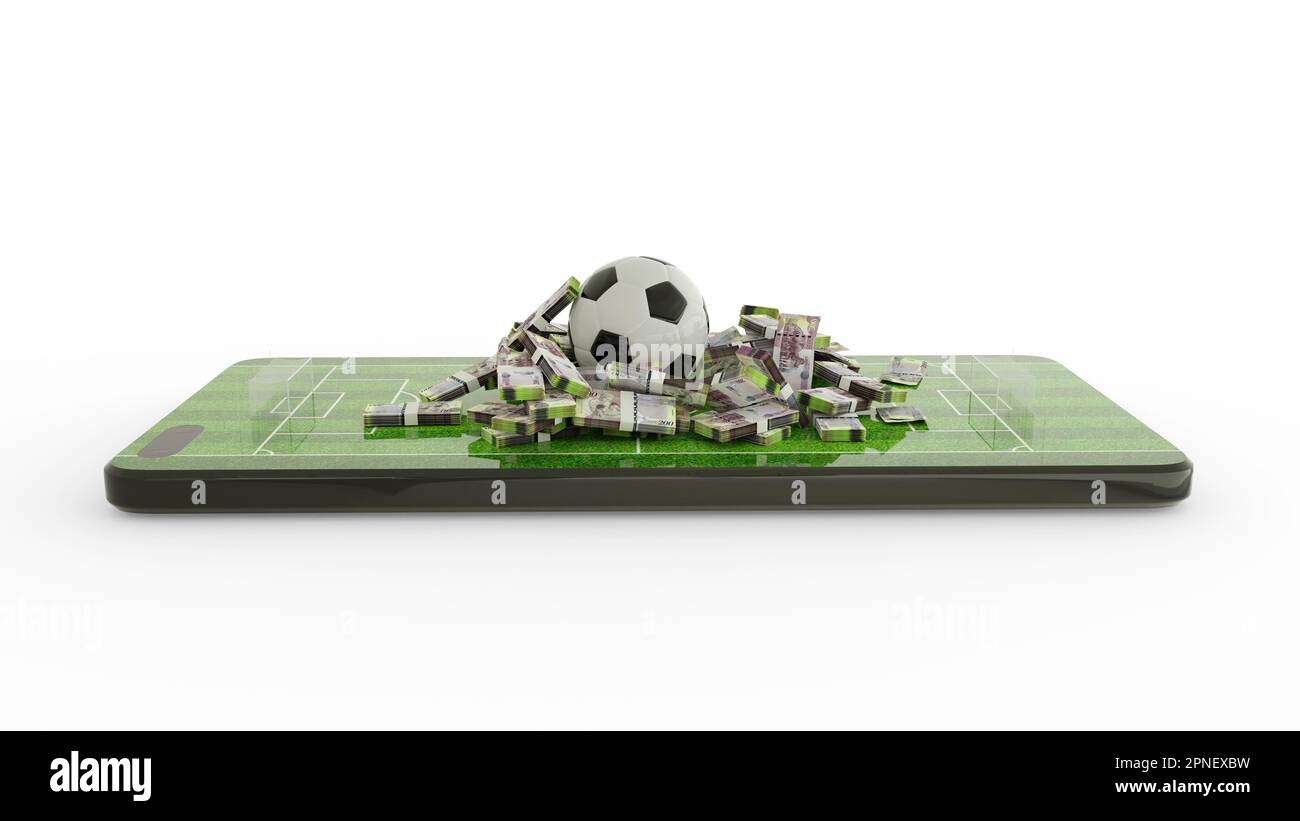3D rendering del cellulare Soccer scommesse. Calcio e Botswanan Pula note sullo schermo del telefono. Campo di calcio sullo schermo dello smartphone isolato su bianco ba Foto Stock 3D rendering del cellulare Soccer scommesse. Calcio e Botswanan Pula note sullo schermo del telefono. Campo di calcio sullo schermo dello smartphone isolato su bianco ba Foto Stock
