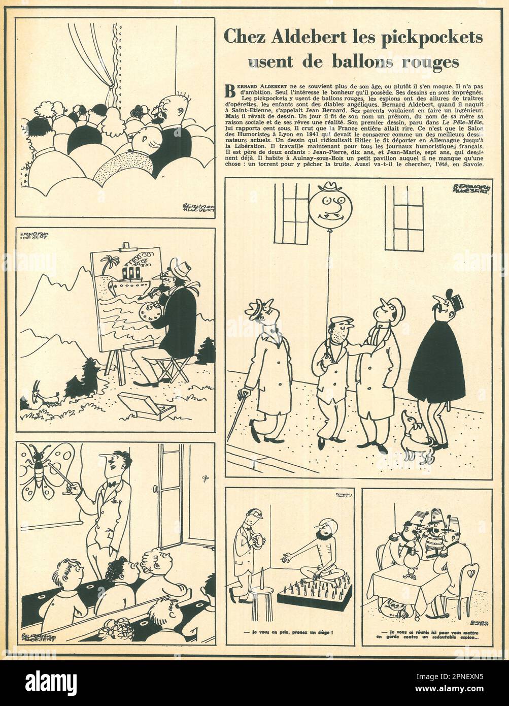 Bernard Aldebert, Jean Bernard-Aldebert illustratore fumetti, caricature in una rivista Paris Match marzo 24 1951 Foto Stock