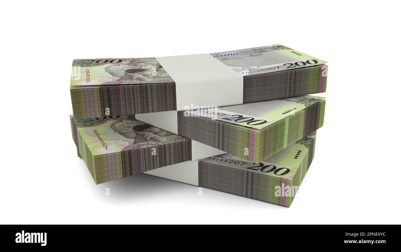 3D rendering delle note di Stack of Botswanan Pula. Pochi pacchetti di valuta Botswana isolati su sfondo bianco Foto Stock