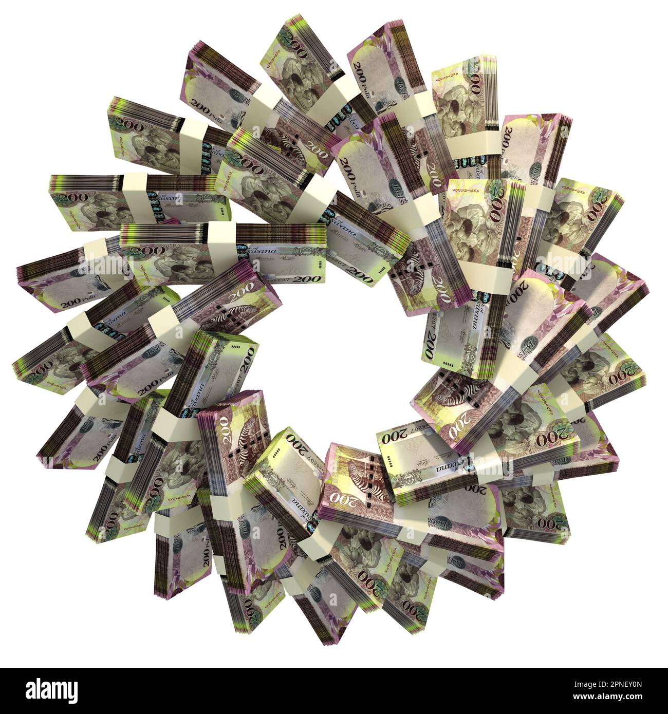 3D rendering di pile di Pula Botswana disposte secondo un disegno circolare. Foto Stock