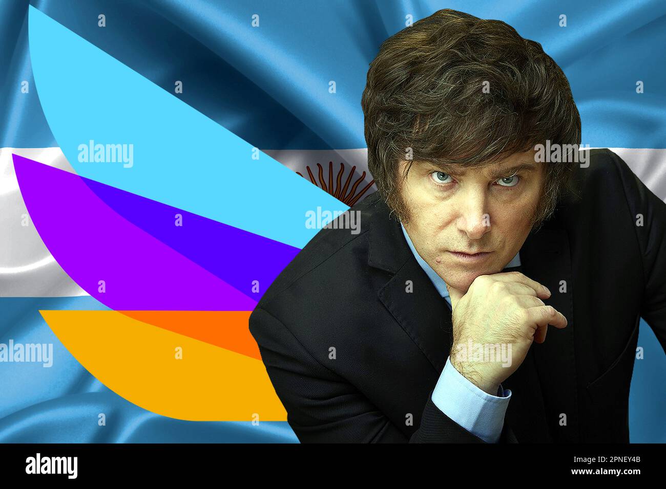 Javier Milei, bandiera argentina e logo del Partito libertario Foto Stock