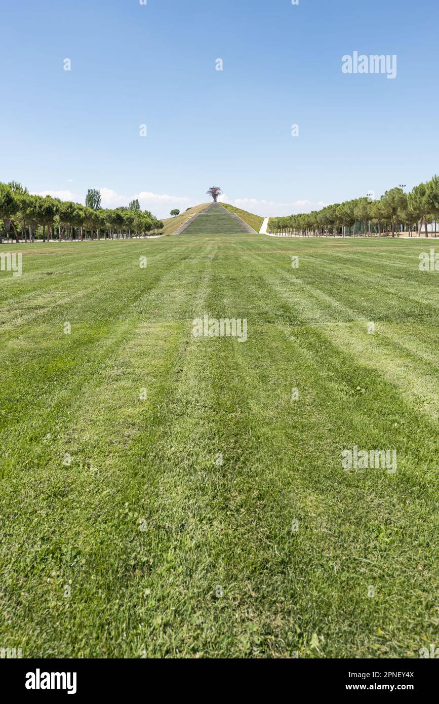 Un grande campo d'erba in un parco urbano nel sud-est della città di Madrid Foto Stock