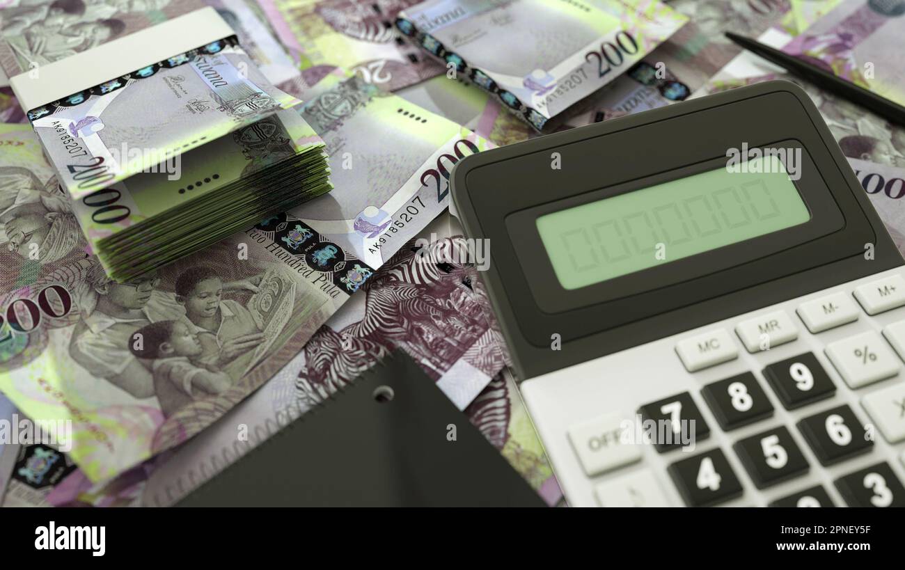 Le note di Botswanan Pula sono distribuite con calcolatrice, penna e taccuino. rendering 3d Foto Stock