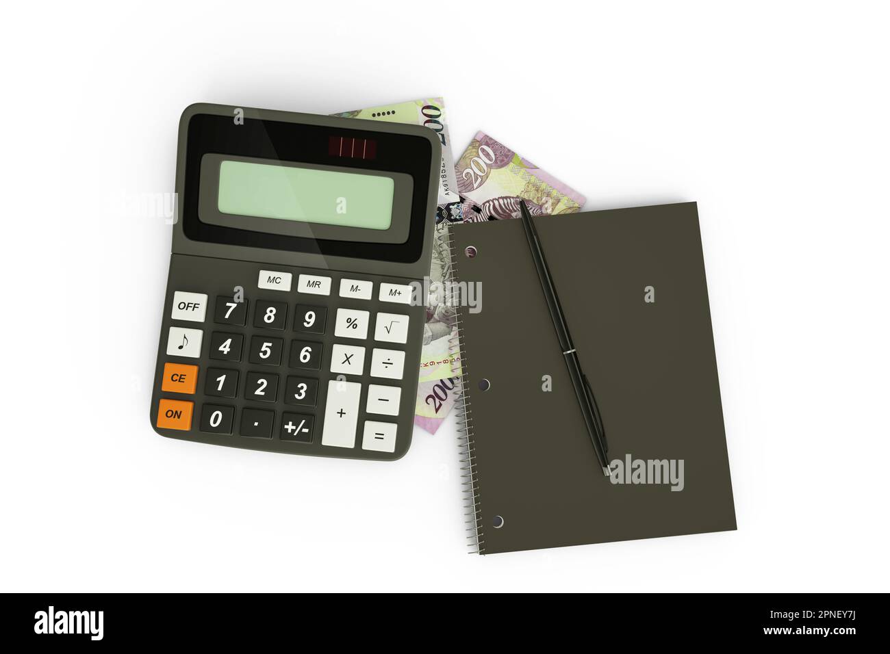 3D rappresentazione di una composizione di note di Pula Botswana, una calcolatrice, un libro di note e una penna isolata su sfondo bianco. Concetto di disegno di sfondo fiscale Foto Stock