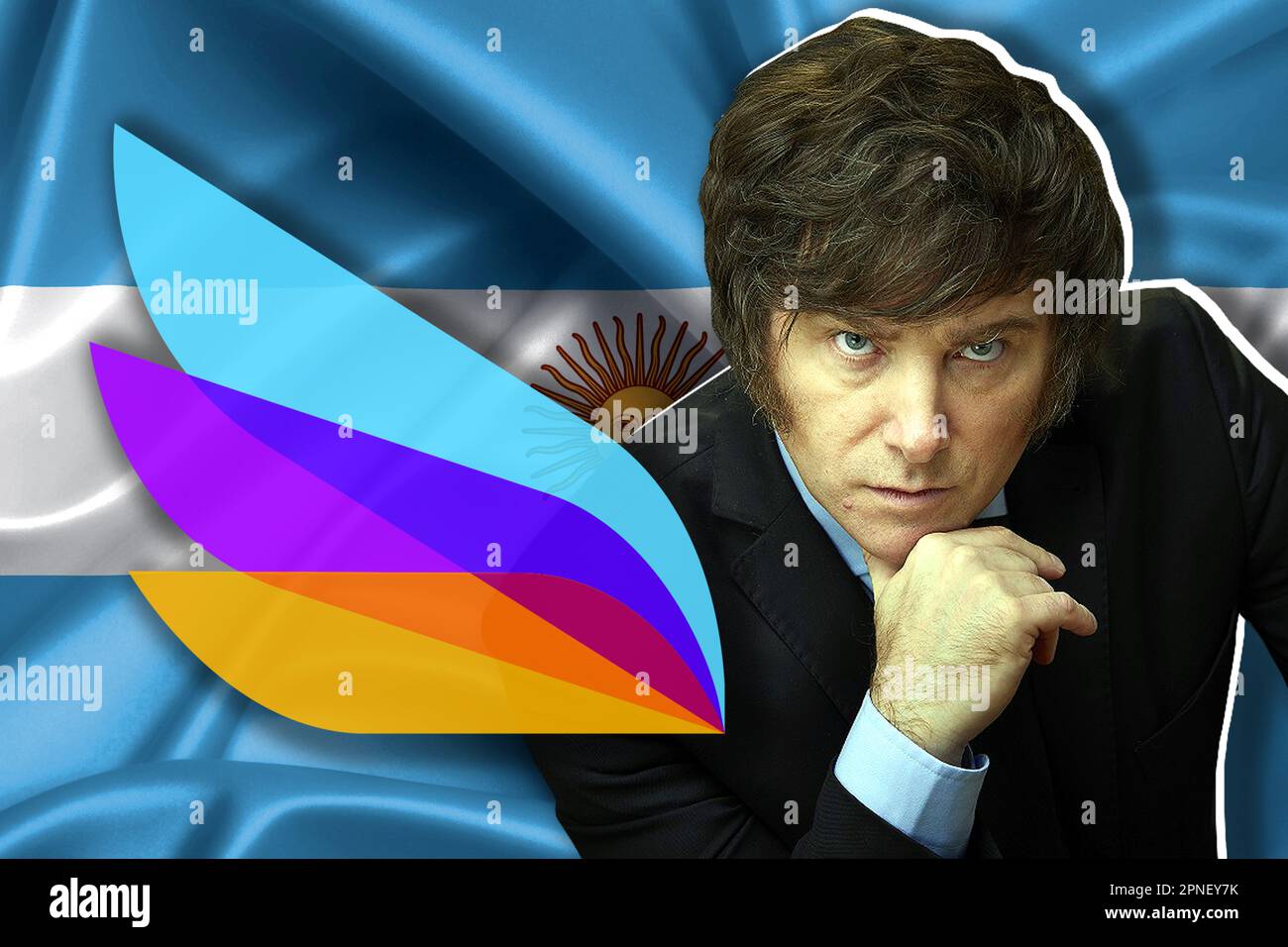 Javier Milei, bandiera argentina e logo del Partito libertario Foto Stock