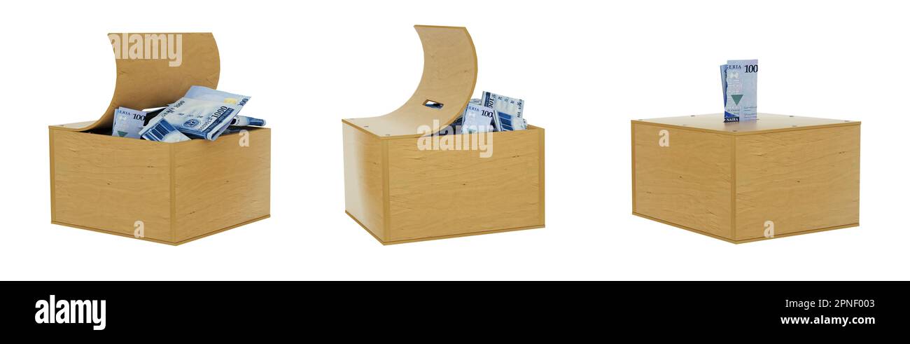 Nigeriano Naira appunti all'interno di una scatola di risparmio in legno aperta. set di concetto di risparmio. Piggy Bank Generico, Penny Bank, Money Box. rendering 3d Foto Stock