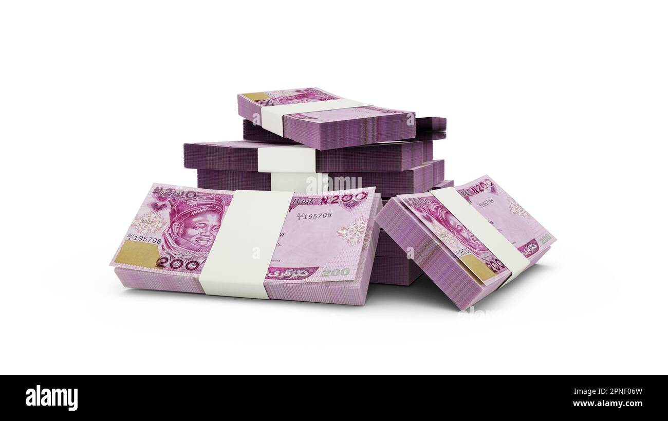 3D rendering delle note di Stack of Nigerian Naira. Pacchetti di banconote nigeriane isolate su sfondo bianco Foto Stock