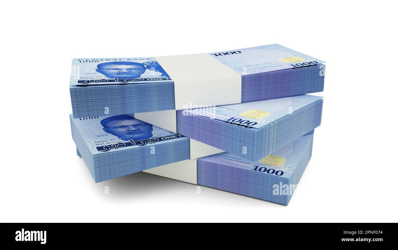 3D rendering delle note di Stack of Nigerian Naira. Pacchetti di banconote nigeriane isolate su sfondo bianco Foto Stock