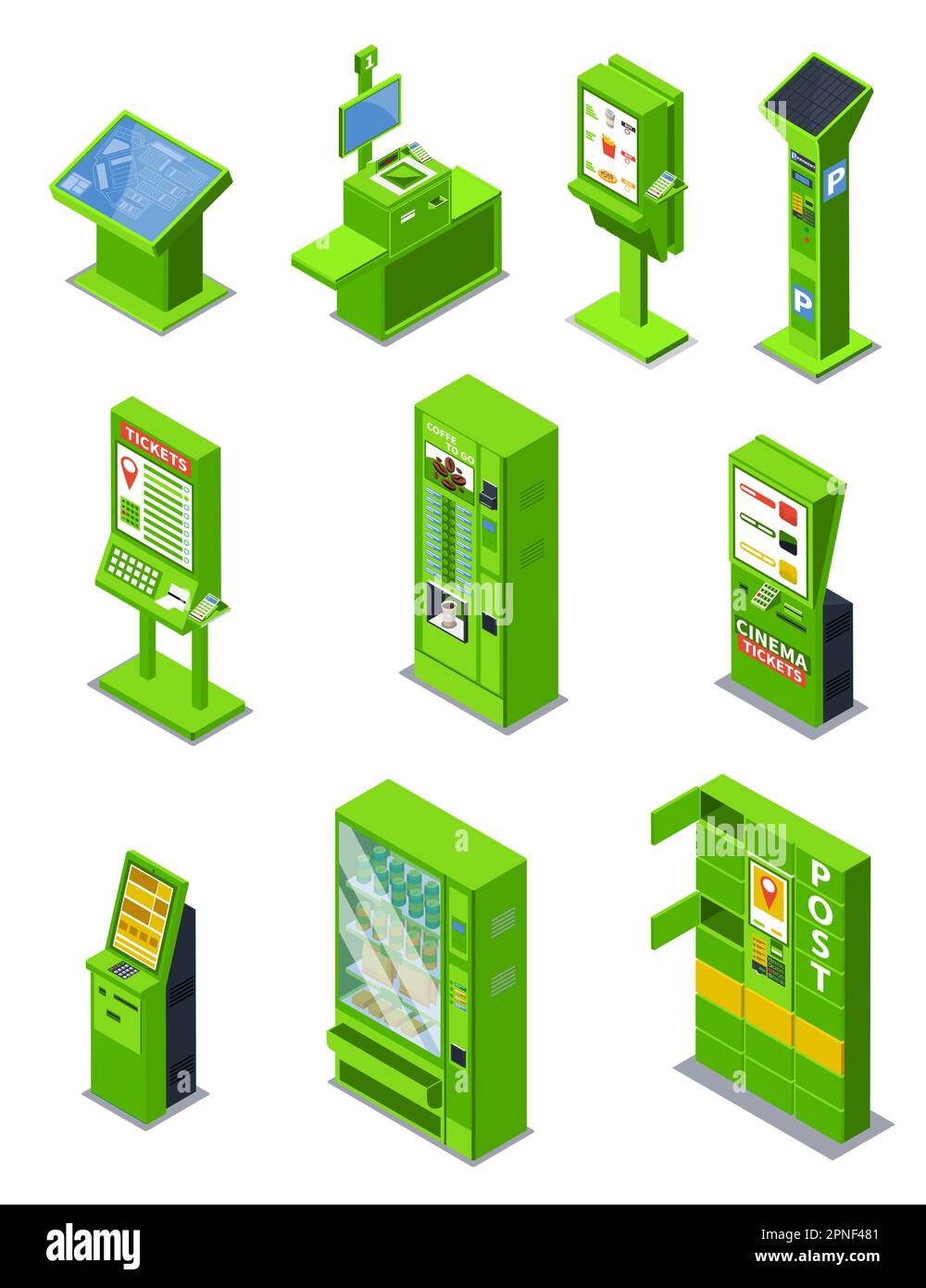 Set isometrico self-service con icone isolate di biglietteria postale, parcheggio self-checkout e distributori automatici, illustrazione vettoriale Illustrazione Vettoriale