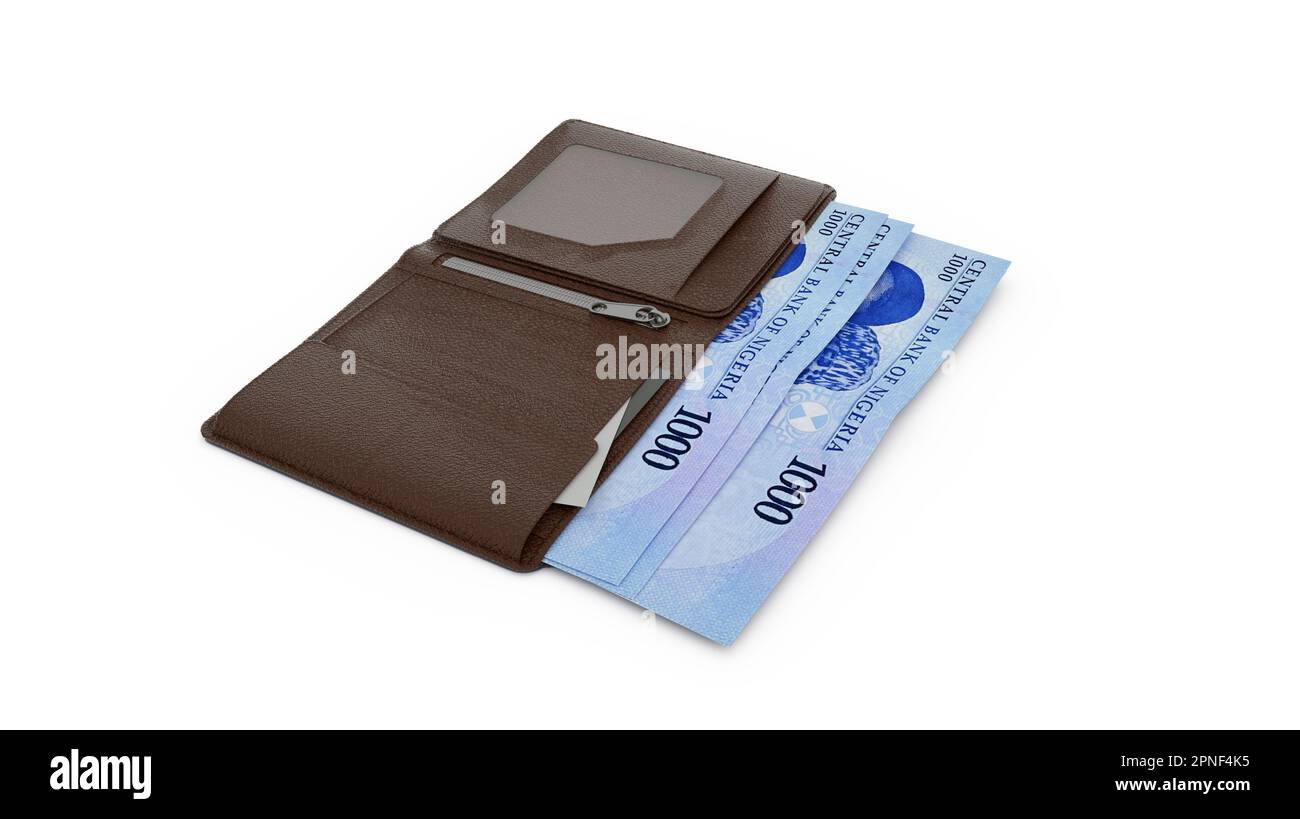 3D rendering delle note nigeriane di Naira in portafoglio Foto Stock