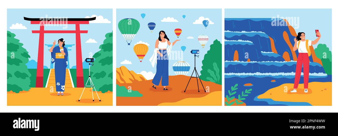 Set di poster piatto da viaggio blogger con la donna che fa selfie video sui luoghi di interesse turistico sfondo isolato vettore illustrazione Illustrazione Vettoriale