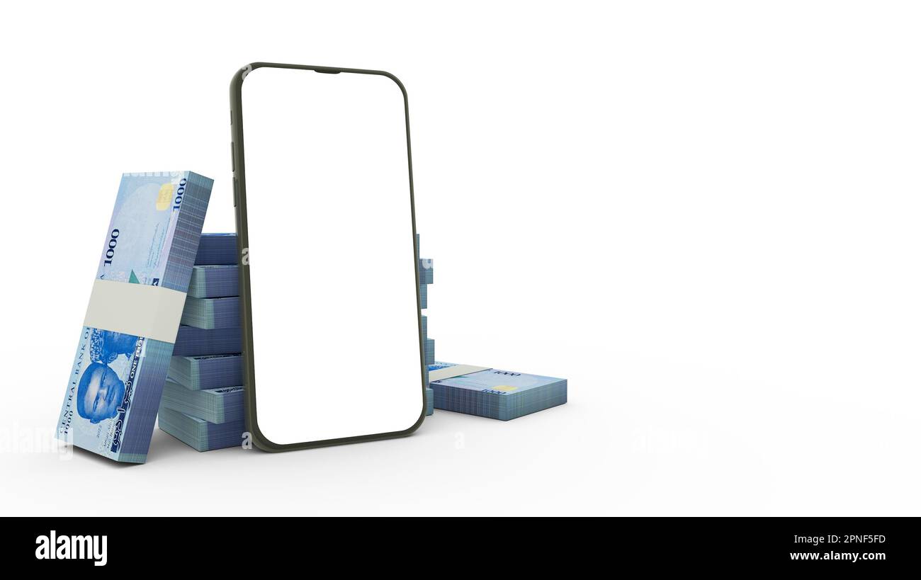 3D rendering del telefono cellulare con schermo vuoto con loghi nigeriani e Naira dietro isolato su sfondo bianco Foto Stock