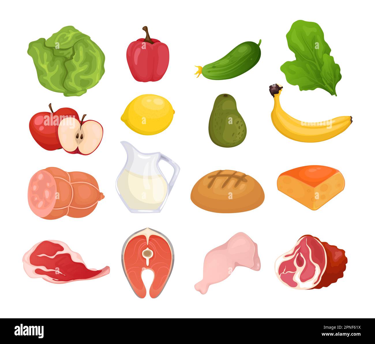 Cartoni animati di alimenti freschi Set di frutta verdura carne e latte prodotti utili isolato vettore illustrazione Illustrazione Vettoriale