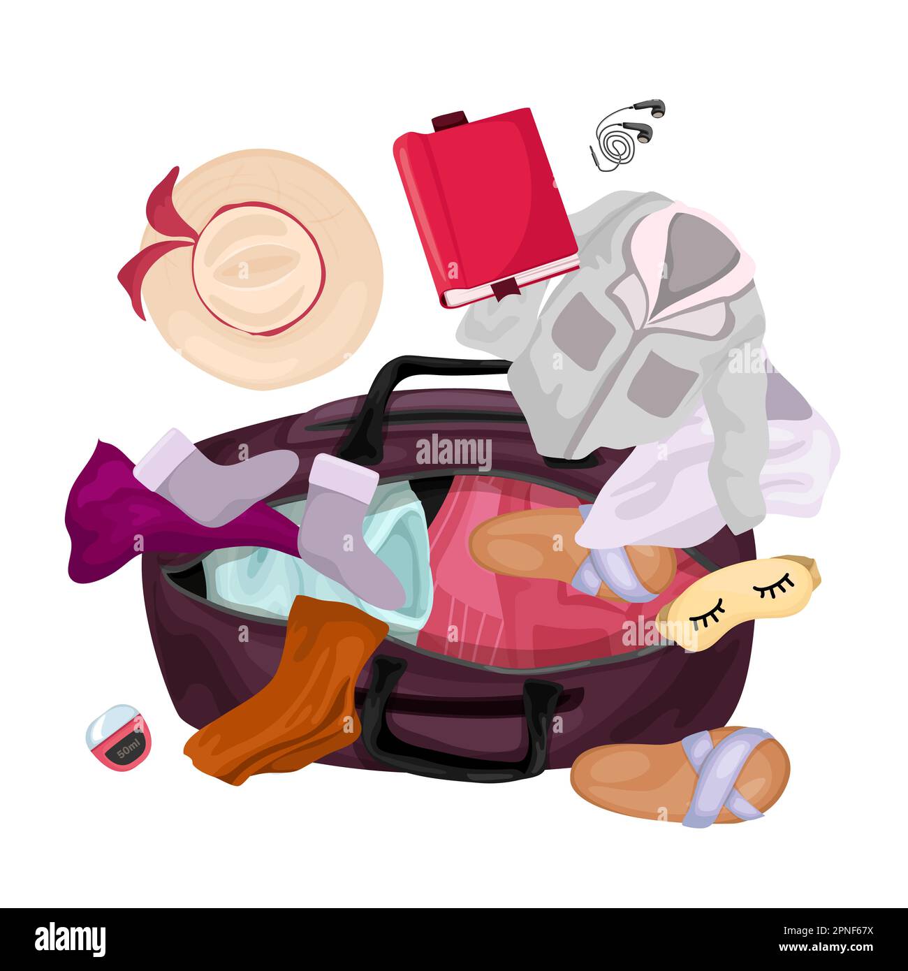 Design colorato del cartone animato del bagaglio da viaggio con borsa aperta piena di capi di abbigliamento e accessori per la spiaggia illustrazione vettoriale Illustrazione Vettoriale
