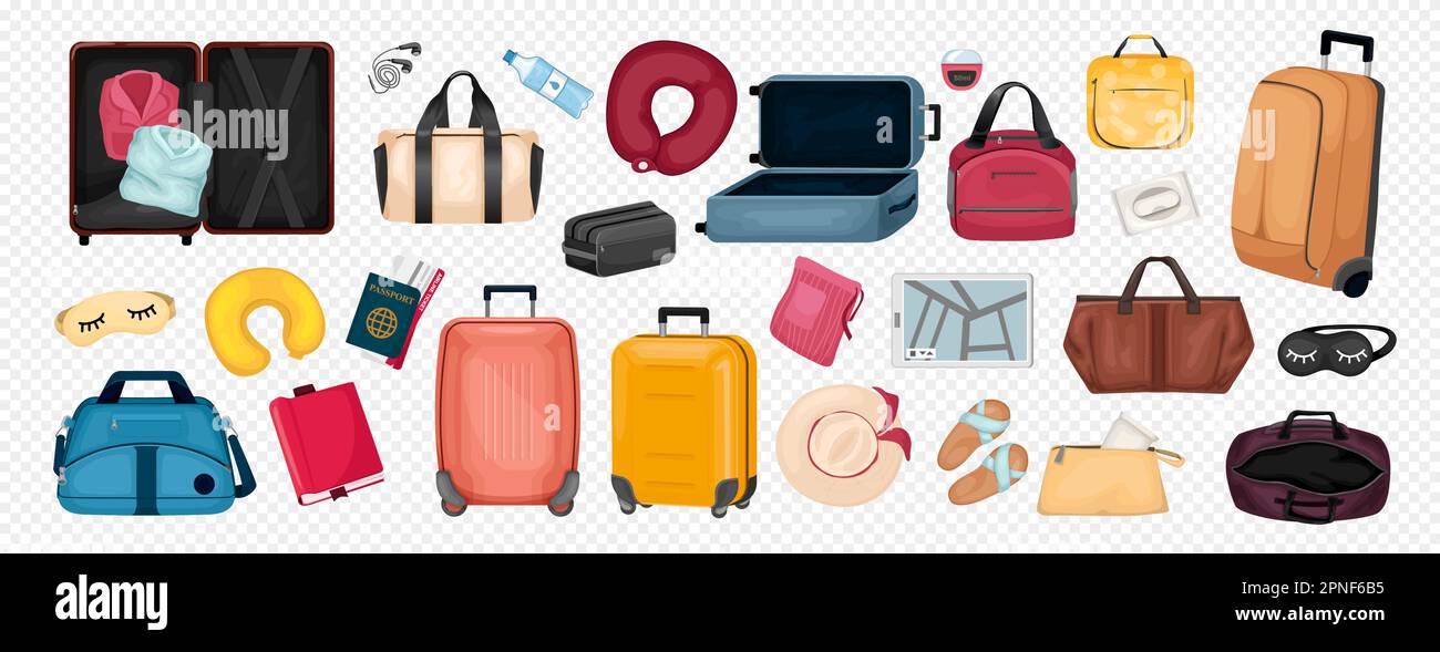 Set di colori cartoni animati da viaggio valigie su ruote e accessori turistici su sfondo trasparente illustrazione vettoriale isolata Illustrazione Vettoriale