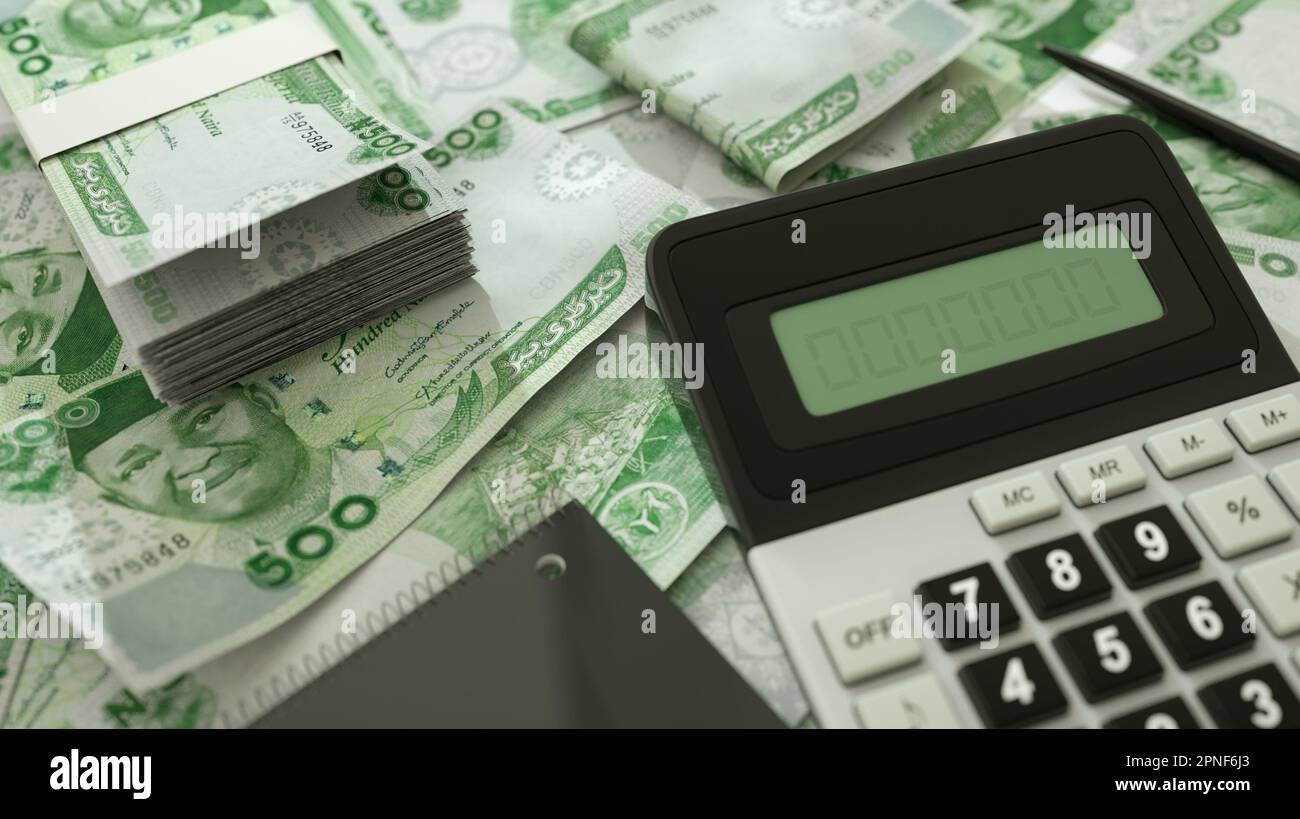 Le note nigeriane di Naira sono sparse con una calcolatrice, una penna e un taccuino. rendering 3d Foto Stock