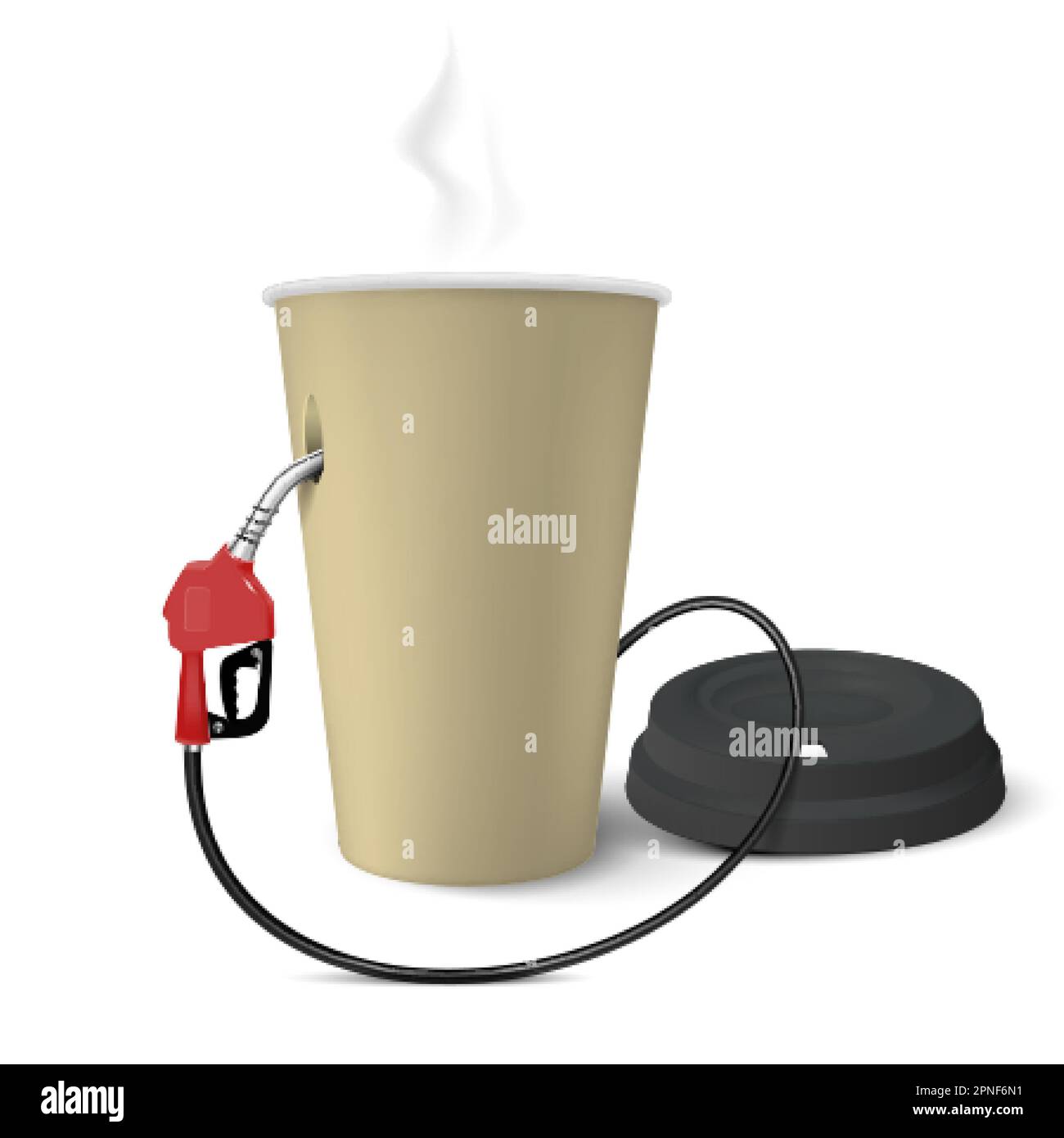 Un concetto di design realistico che si alimenta con l'ugello della pompa della maniglia del gas carburante inserito nella tazza di carta dell'illustrazione vettoriale del caffè caldo Illustrazione Vettoriale