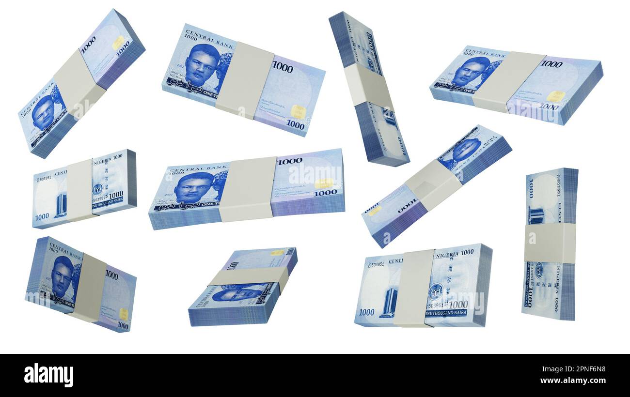 3D rendering di pile di 1000 note nigeriane di Naira che volano in diversi angoli e orientamenti isolati su sfondo bianco Foto Stock