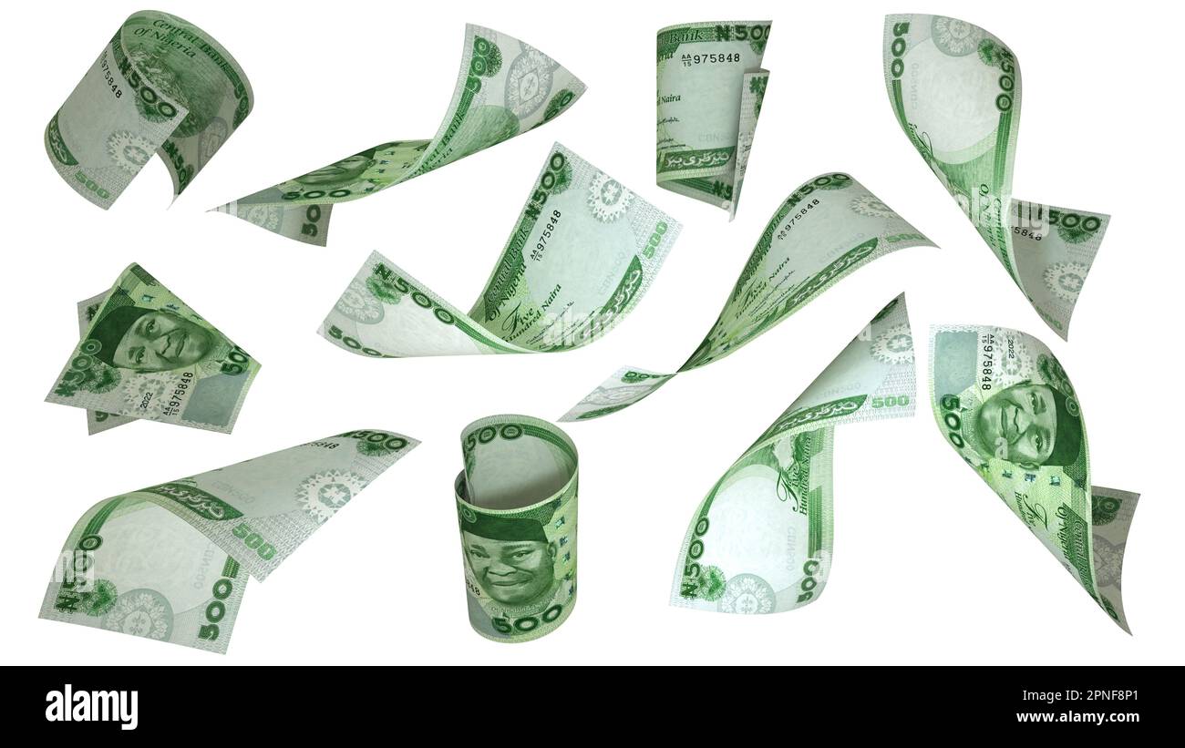 3D rendering di 500 note nigeriane di Naira che volano in angoli e orientamenti diversi isolati su sfondo bianco Foto Stock
