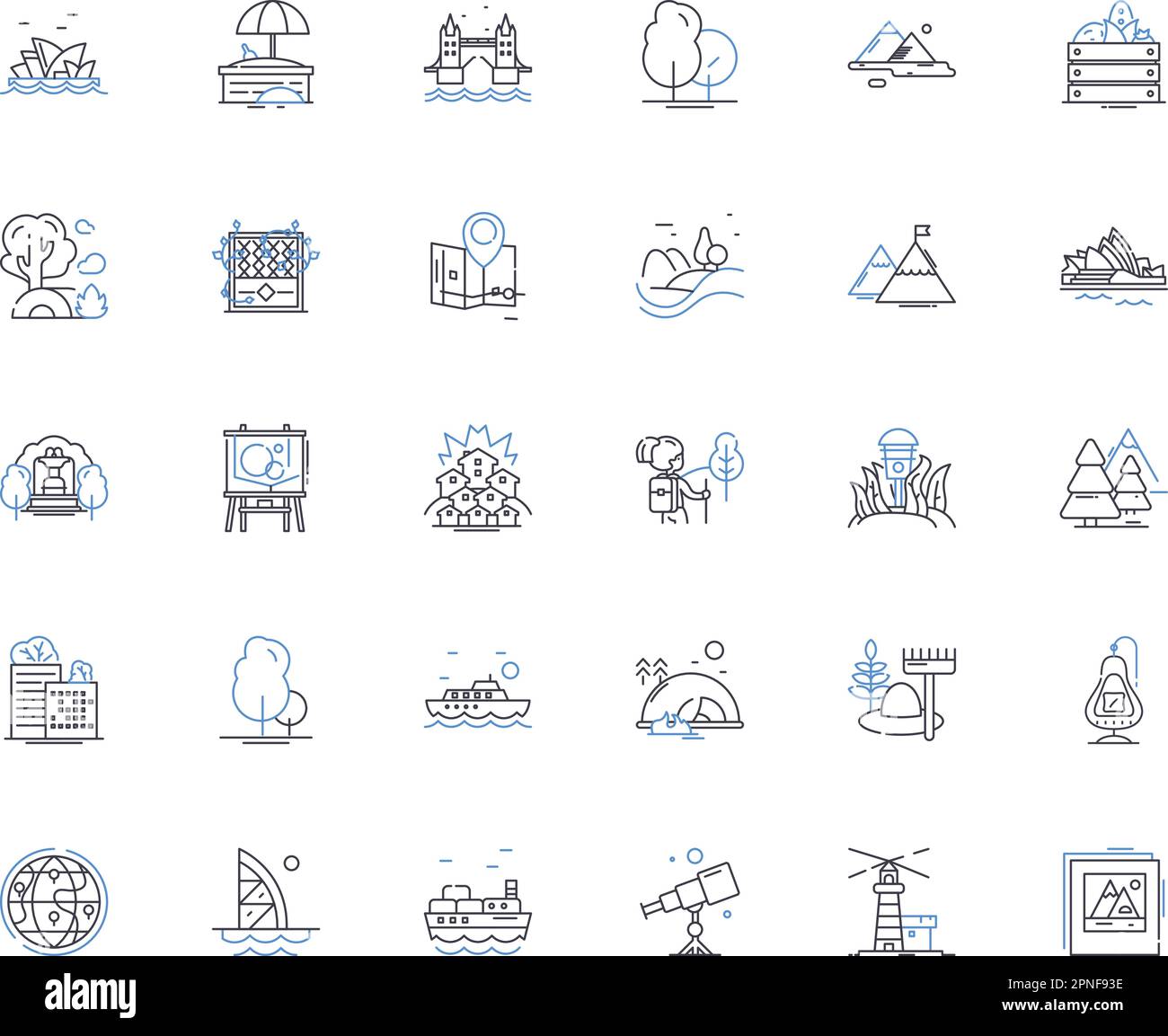 Montagne e valli linea icone collezione. Alpine, Ravine, Cliff, Summit, Gorge, Colmo, vettore di picco e illustrazione lineare. Canyon, Uplands, Slope Illustrazione Vettoriale