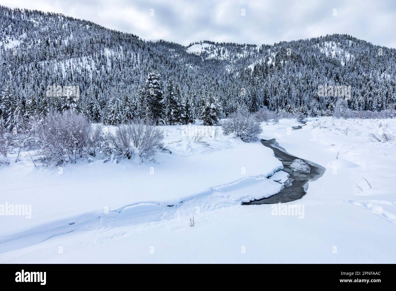 Stati Uniti, Idaho, Ketchum, paesaggio invernale con fiume e montagne Foto Stock