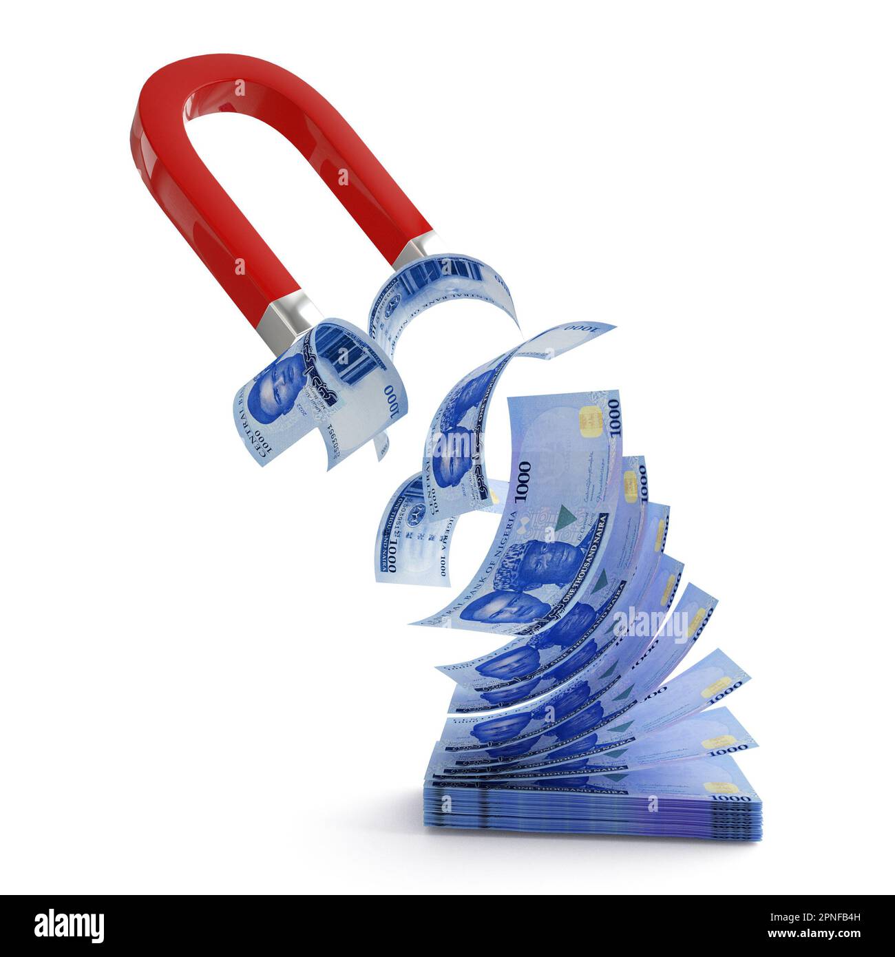 3D rendering del magnete a ferro di cavallo che attrae nuove note nigeriane Naira isolate su sfondo bianco. Attrarre il concetto di denaro. Strategia per un successo Foto Stock