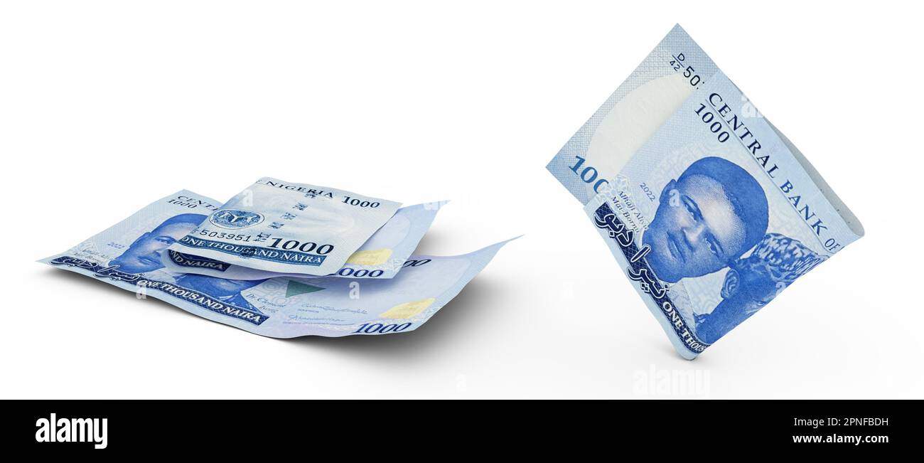 Set di 1000 note nigeriane isolate su sfondo bianco. rendering 3d Foto Stock