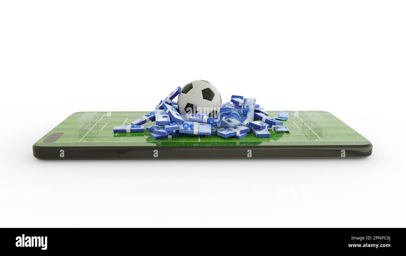 Concetto di scommesse sul calcio. Calcio sulle note nigeriane di Naira sullo schermo del telefono. Campo di calcio sullo schermo dello smartphone isolato su sfondo bianco. scommetti e. Foto Stock