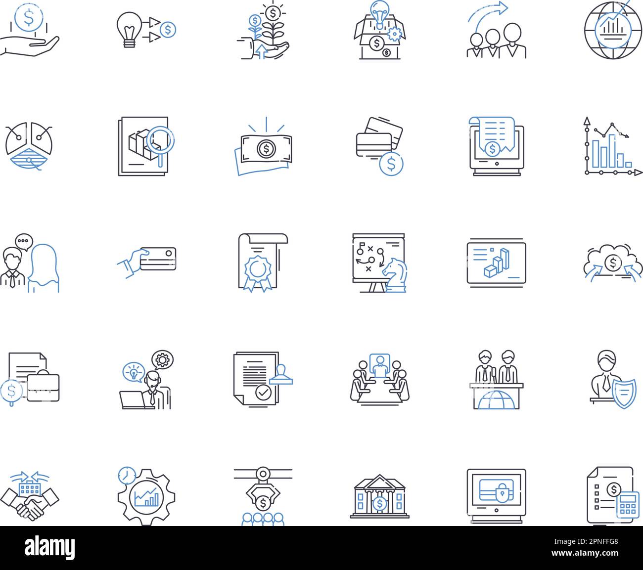 Collezione di icone della linea del piano di investimento. Azioni, obbligazioni, fondi comuni di investimento, ETF, diversificazione, Rischio, vettore di portafoglio e illustrazione lineare. Resi Illustrazione Vettoriale