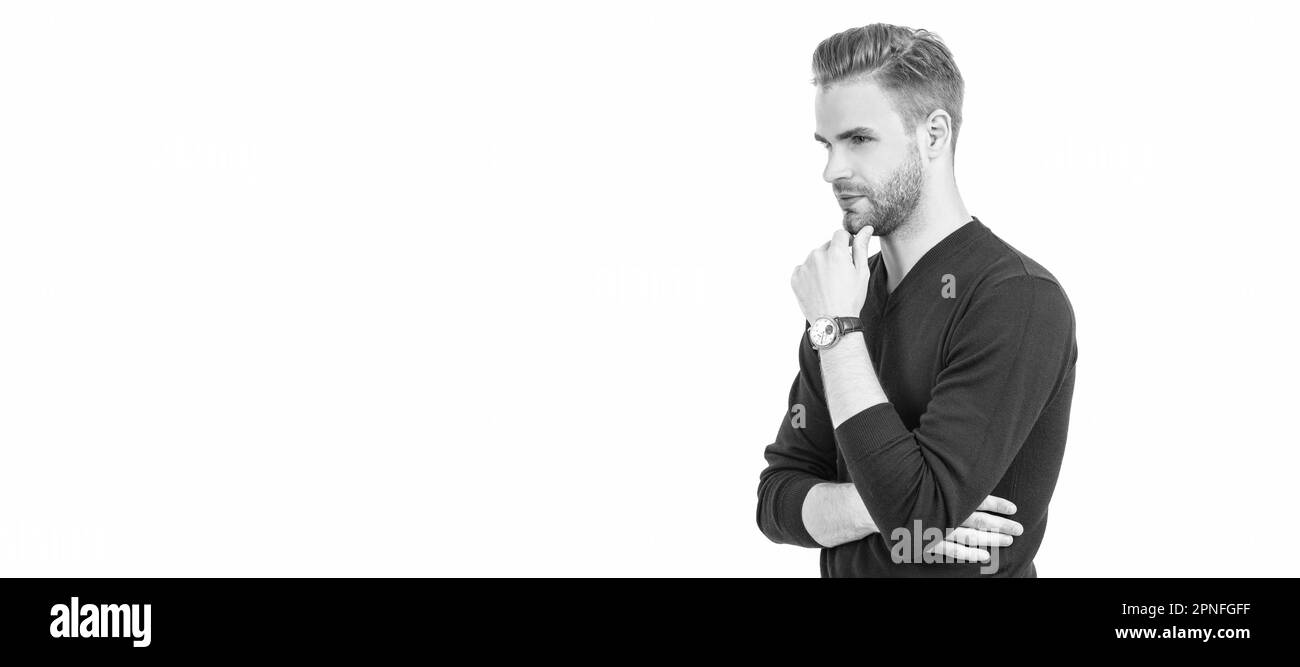 Il barbiere è tornato. Un bell'uomo tocca il mento senza rasature. Uomo volto ritratto, banner con spazio copia. Foto Stock