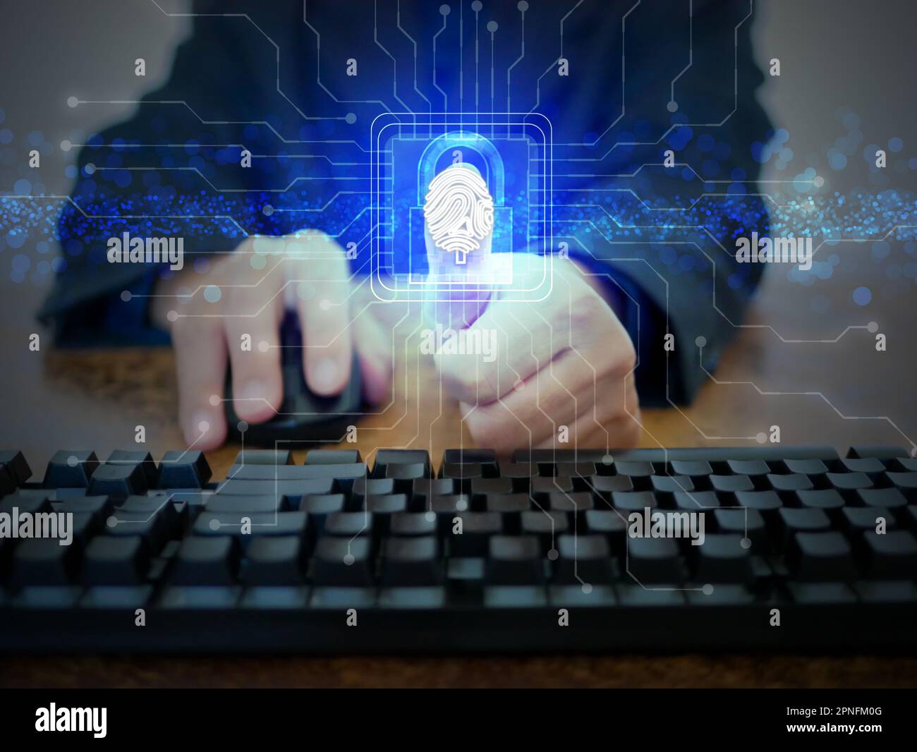Businessman scansiona la sua impronta digitale su uno schermo futuristico virtuale per l'approvazione biometrica online dell'identità di accesso di sicurezza. concetto di sicurezza per cy Foto Stock