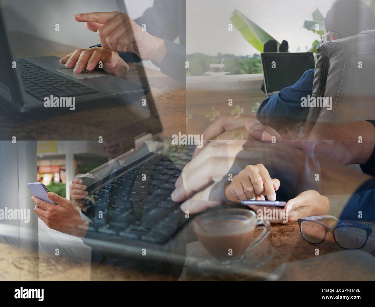 Un uomo in stile di lavoro ibrido per unire il suo tempo tra lavorare in ufficio e da diversi luoghi, tra cui casa a distanza. Foto Stock
