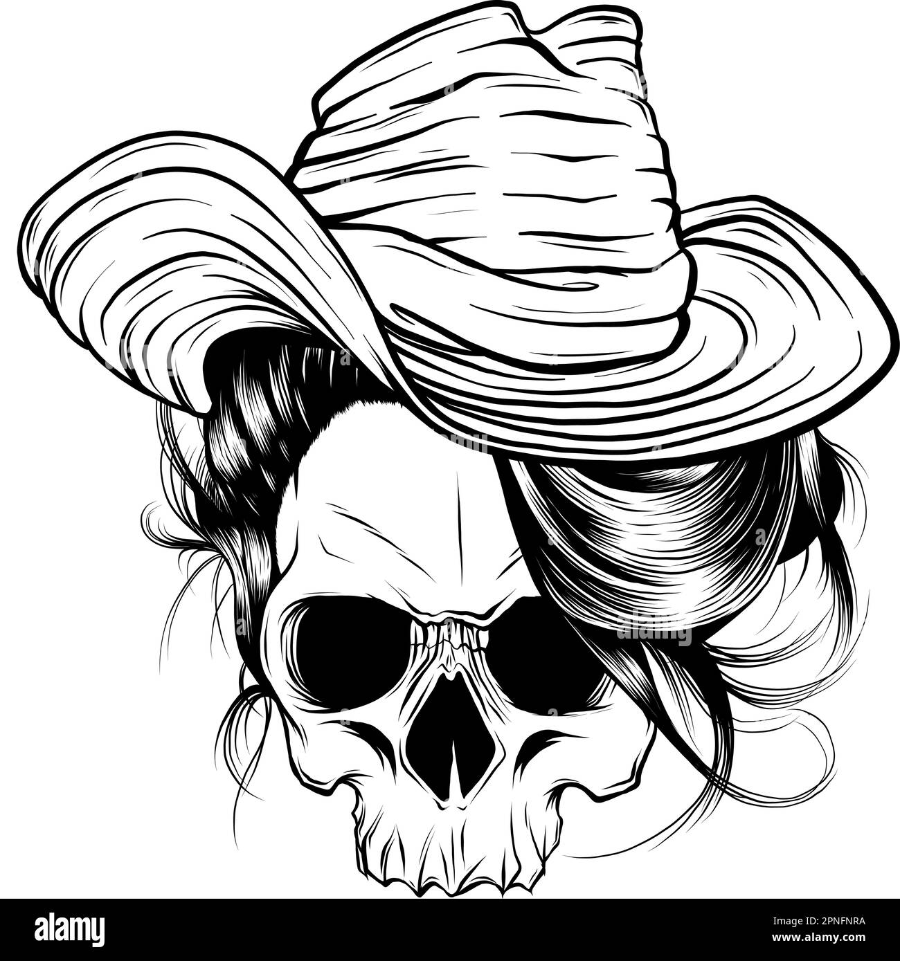 Illustrazione vettoriale di cranio cowboy monocromatico su sfondo bianco Illustrazione Vettoriale