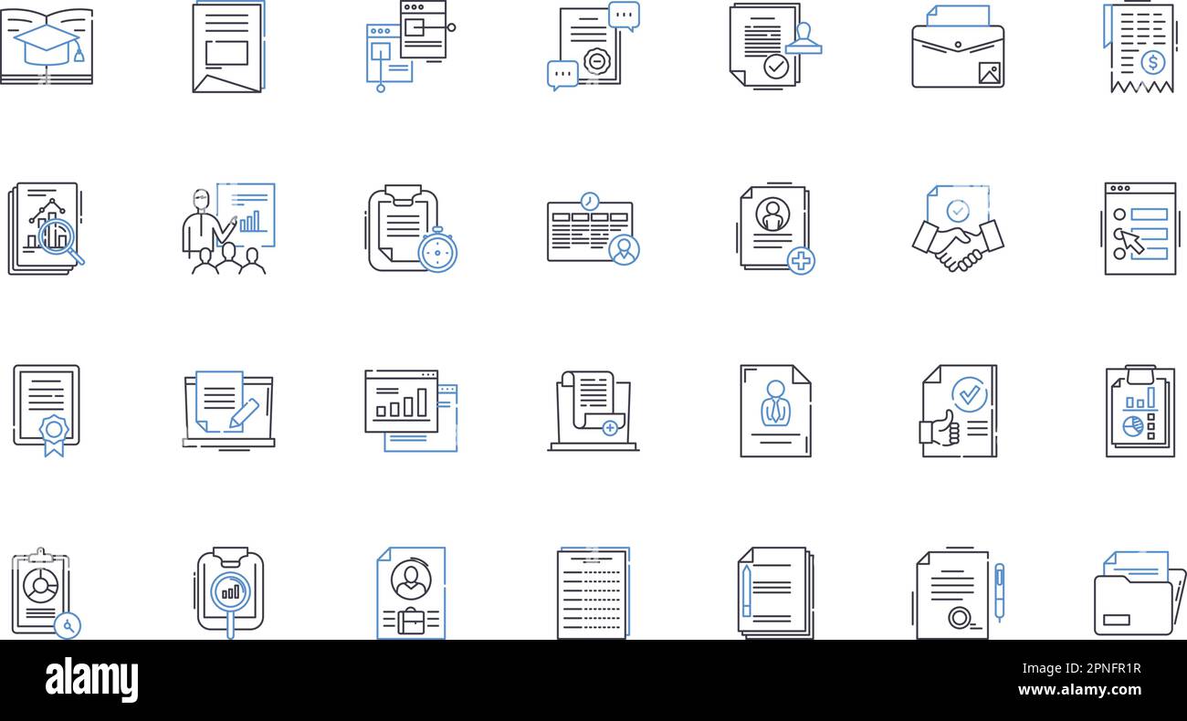 Briefing linea icone raccolta. Riunioni, rapporti, aggiornamenti, conferenze, sessioni, Discussioni, sinossi vettore e illustrazione lineare. Contorni Illustrazione Vettoriale