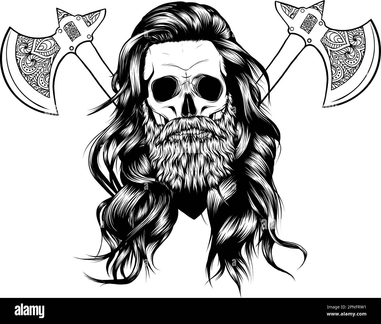 Cranio vichingo con arma AX vettore grunge illustrazione isolato su sfondo bianco Illustrazione Vettoriale